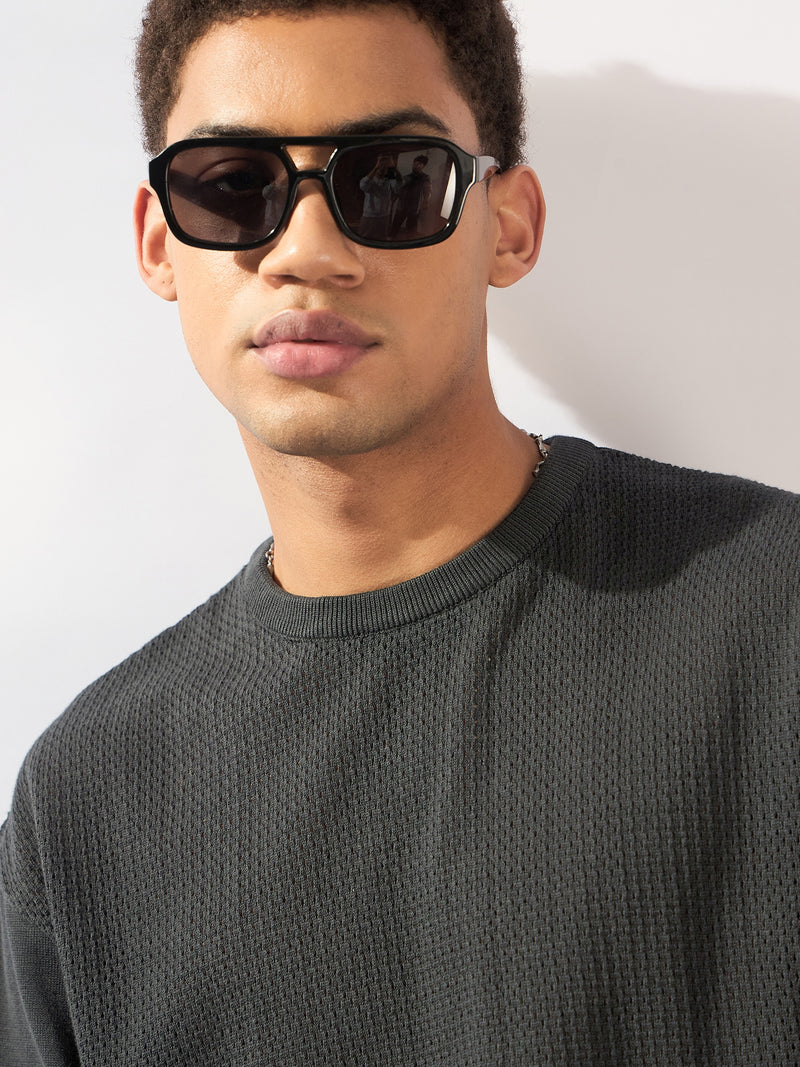 Charcoal: Relaxed Round Neck Knitted T-Shirt