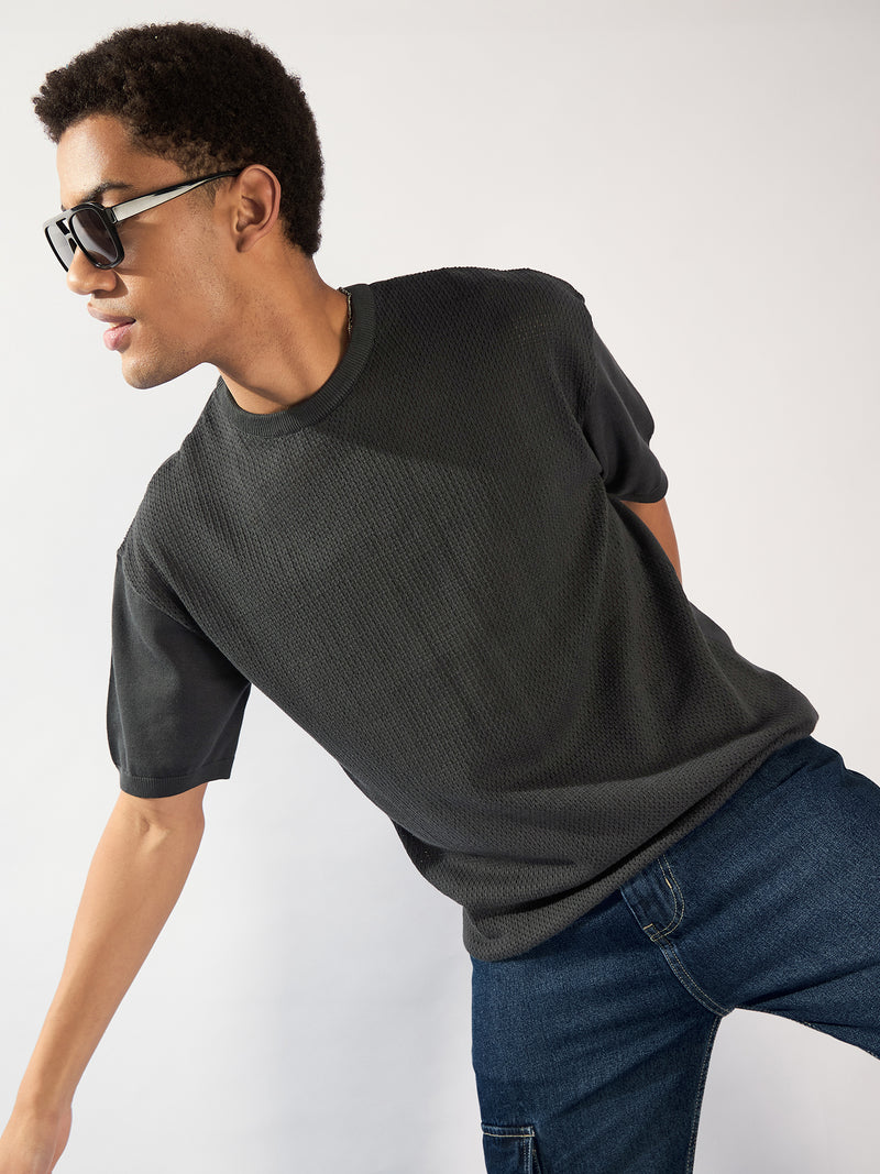 Charcoal: Relaxed Round Neck Knitted T-Shirt