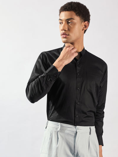 Black Mandarin Collar Cotton Casual Shirt