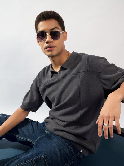 Charcoal Grey: Relaxed Semi Sheer Polo T-Shirt