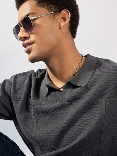 Charcoal Grey: Relaxed Semi Sheer Polo T-Shirt