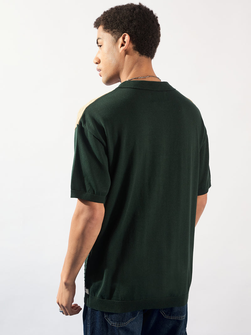 Green and Beige: Relaxed Zipped Polo T-Shirt