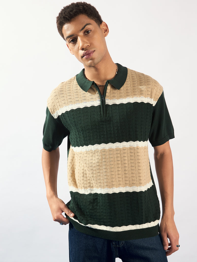 Green and Beige: Relaxed Zipped Polo T-Shirt