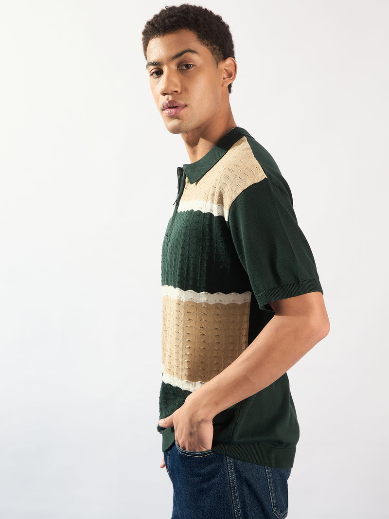 Green and Beige: Relaxed Zipped Polo T-Shirt