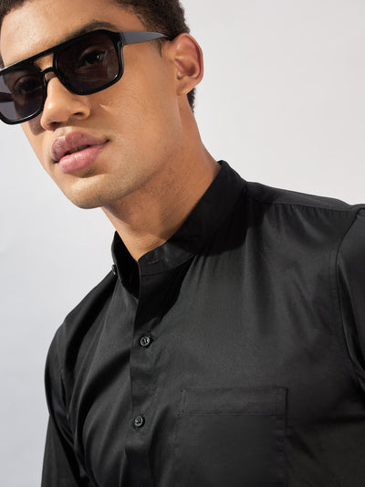 Black Mandarin Collar Cotton Casual Shirt
