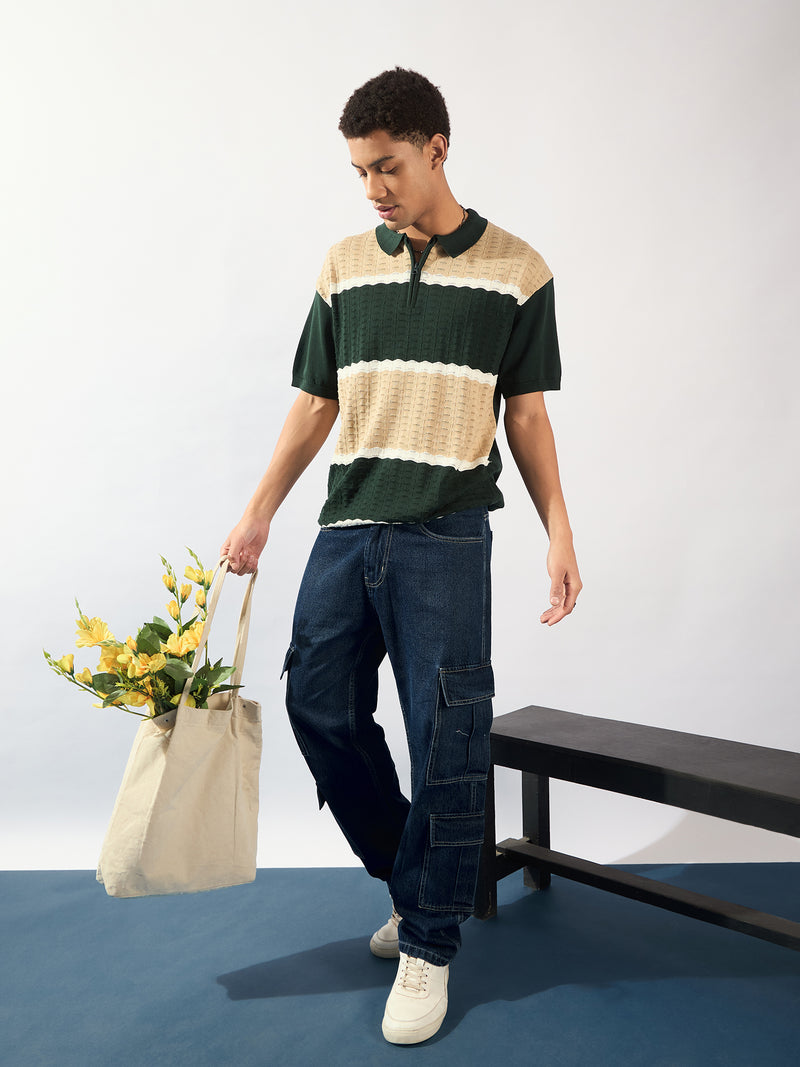 Green and Beige: Relaxed Zipped Polo T-Shirt