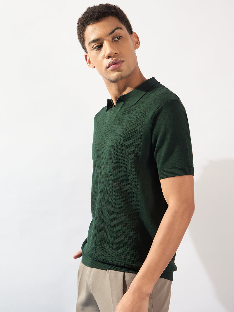 Emerald Green: Relaxed Textured Polo T-Shirt