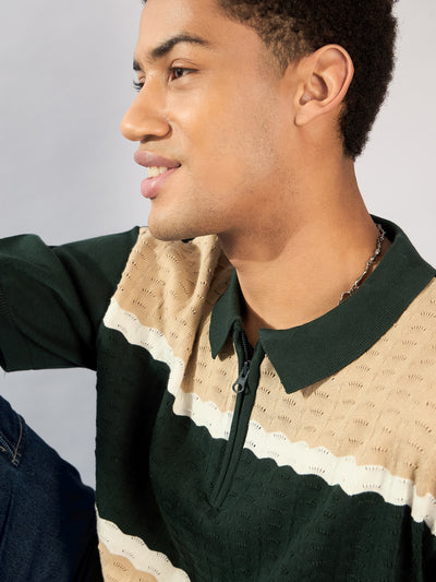 Green and Beige: Relaxed Zipped Polo T-Shirt