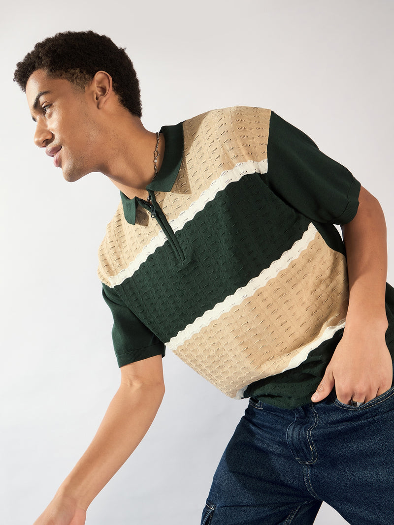 Green and Beige: Relaxed Zipped Polo T-Shirt