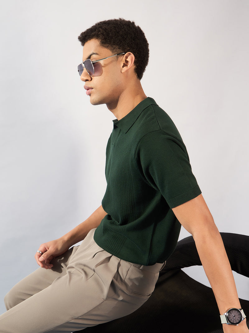 Emerald Green: Relaxed Textured Polo T-Shirt