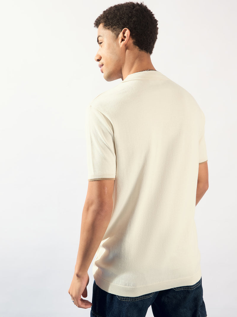 White: Relaxed Textured Polo T-Shirt