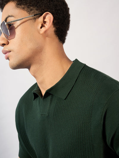 Emerald Green: Relaxed Textured Polo T-Shirt