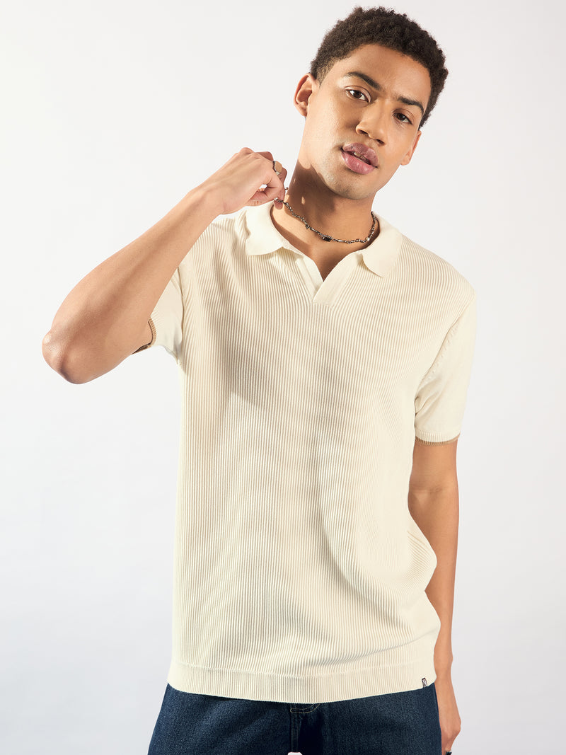 White: Relaxed Textured Polo T-Shirt