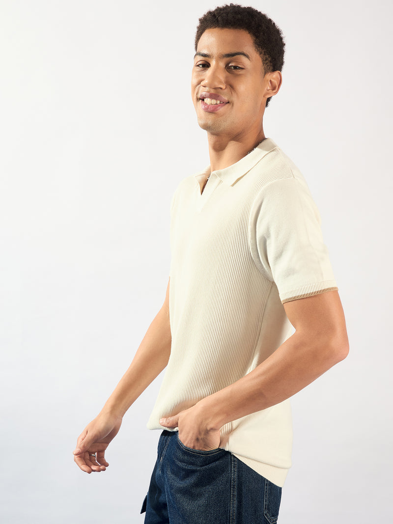 White: Relaxed Textured Polo T-Shirt