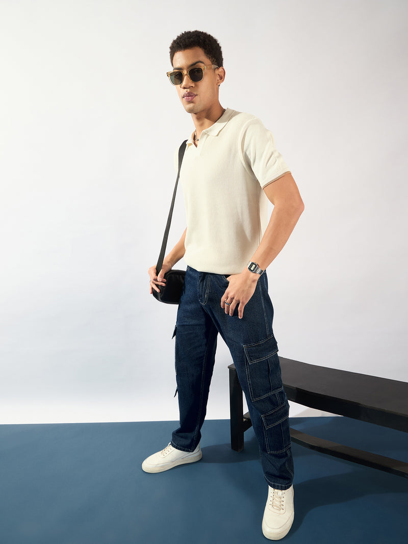 White: Relaxed Textured Polo T-Shirt
