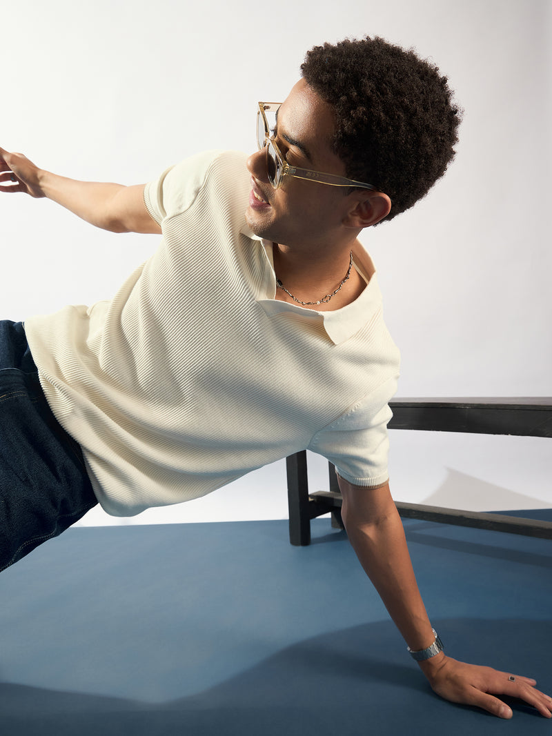 White: Relaxed Textured Polo T-Shirt