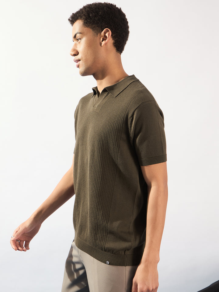 Brown: Relaxed Textured Polo T-Shirt