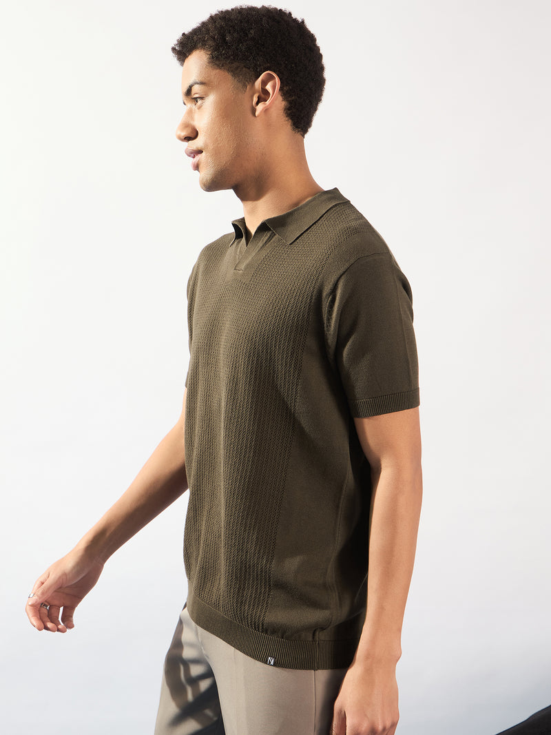Brown: Relaxed Textured Polo T-Shirt