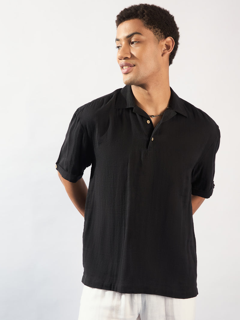 Black: Half Sleeves Muslin Oversized Kurta Shirt