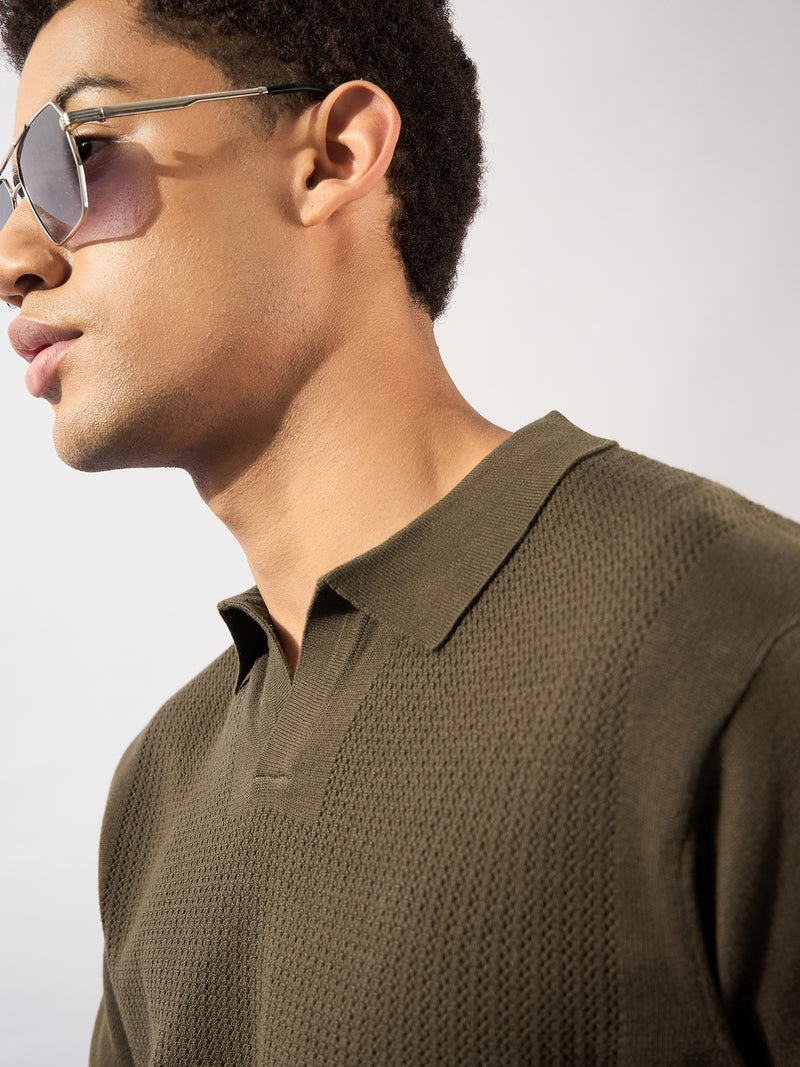 Brown: Relaxed Textured Polo T-Shirt
