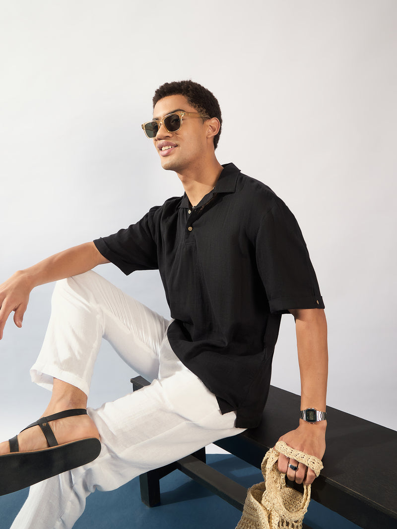 Black: Half Sleeves Muslin Oversized Kurta Shirt