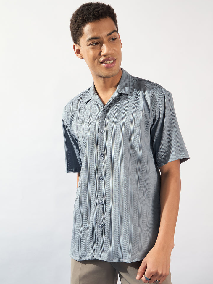 Light Blue: Self Design Oversized Casual Shirt