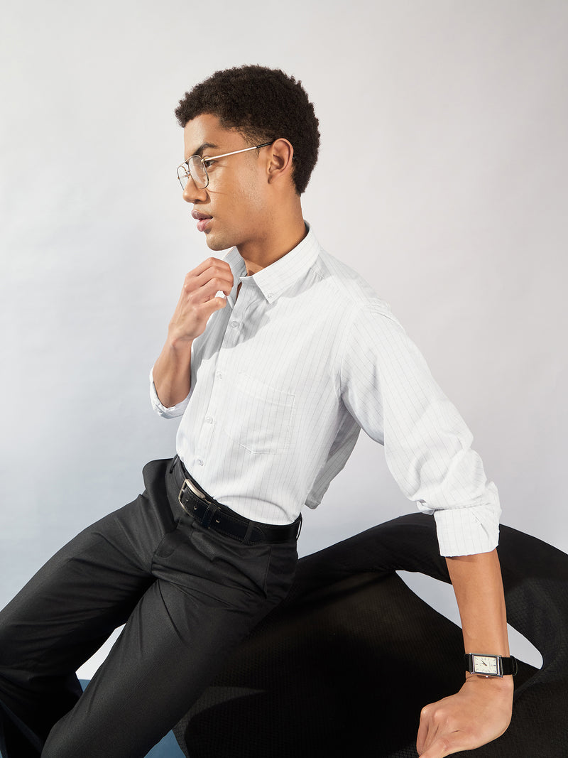White and Grey: Full Sleeves Micro Checked Formal Shirt