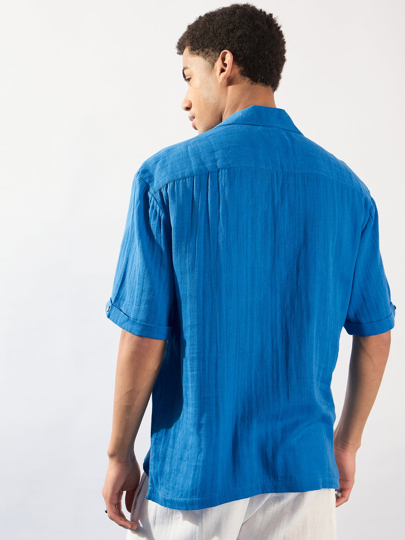 Blue: Half Sleeves Muslin Oversized Kurta Shirt
