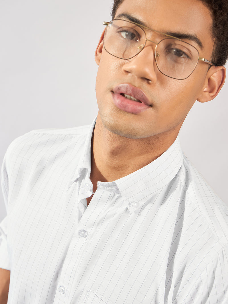 White and Grey: Full Sleeves Micro Checked Formal Shirt