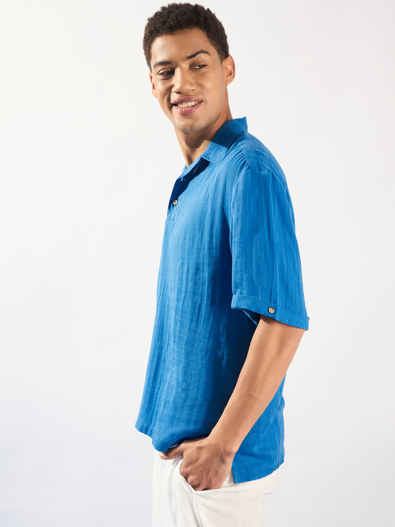 Blue: Half Sleeves Muslin Oversized Kurta Shirt