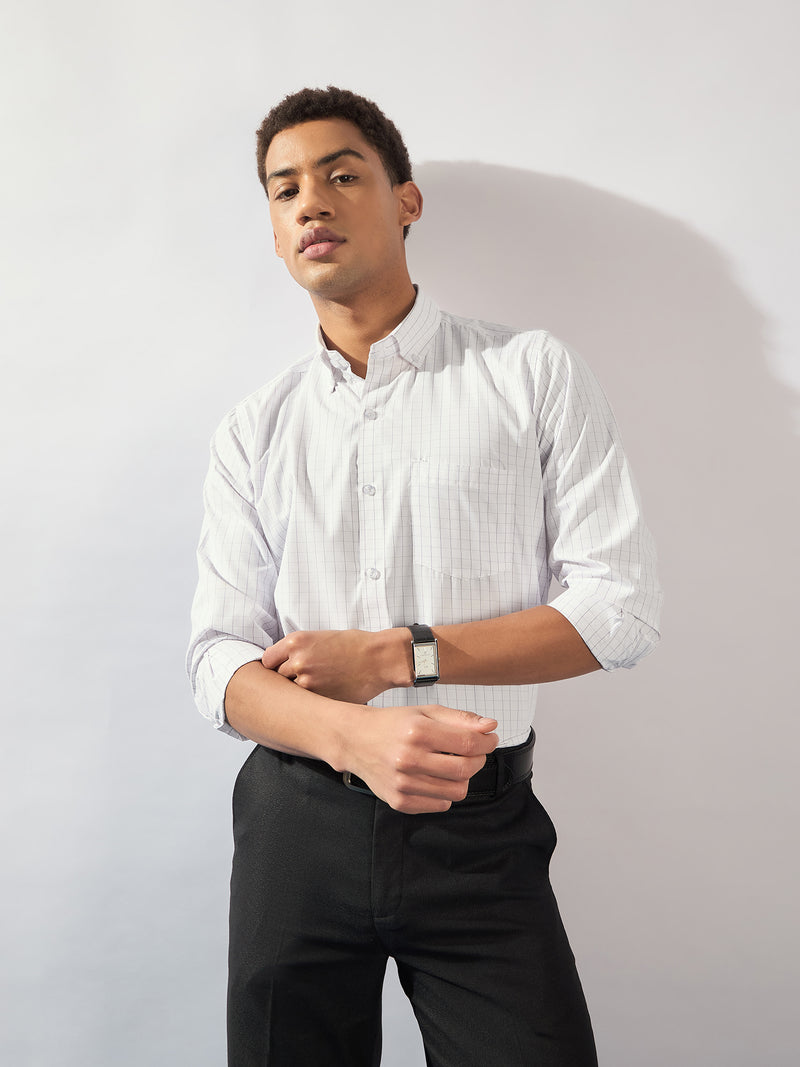White and Purple: Full Sleeves Checked Formal Shirt