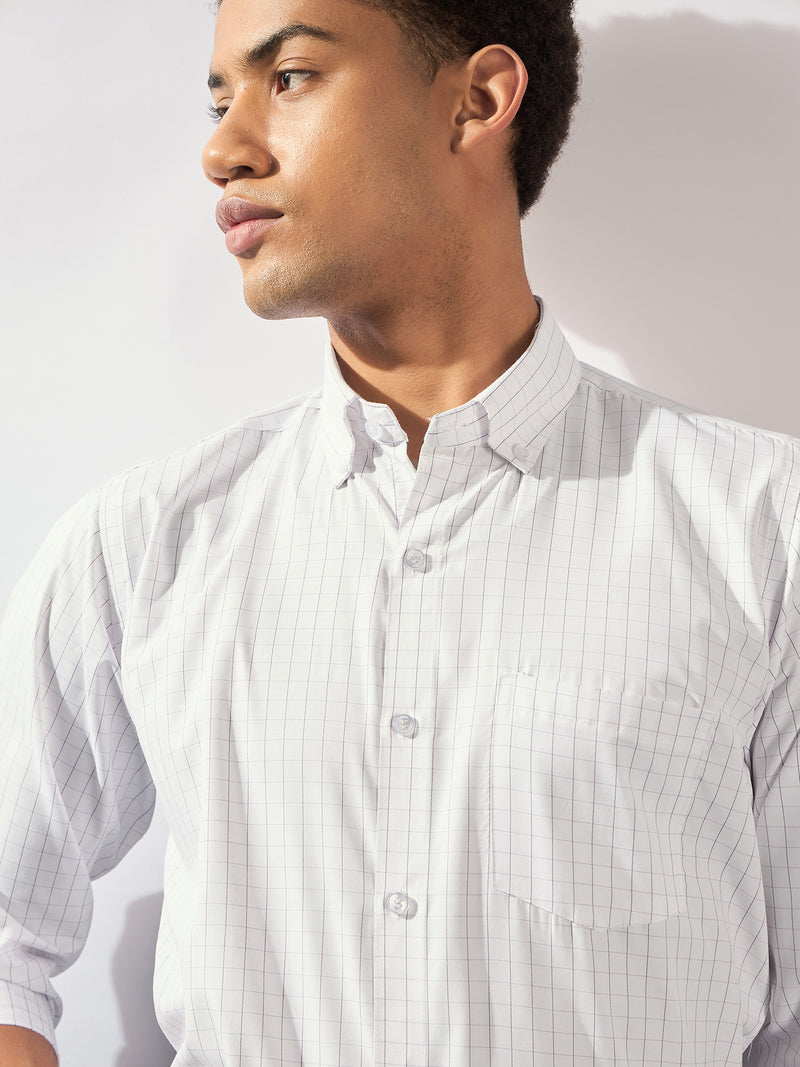 White and Purple: Full Sleeves Checked Formal Shirt