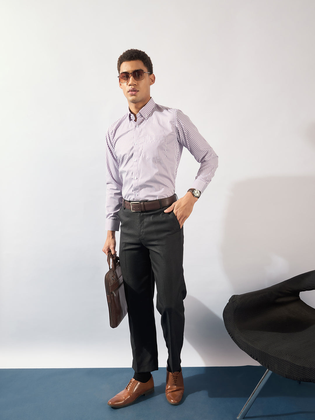 White and Purple: Men's Micro Checked Formal Shirt