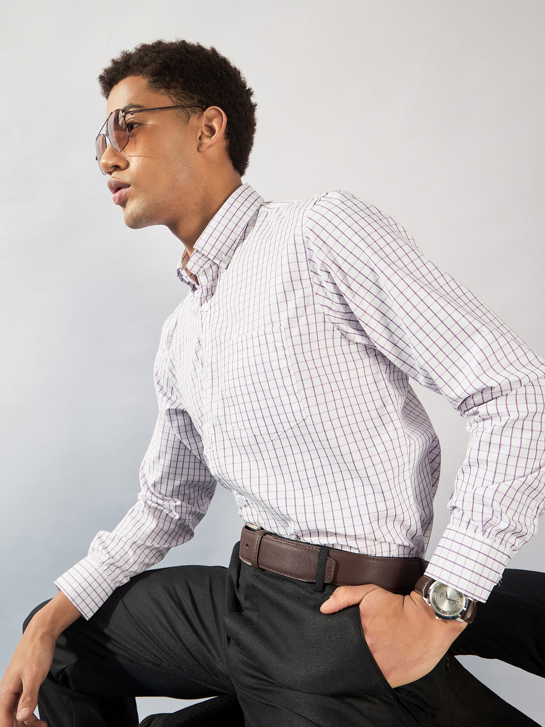 White and Purple: Micro checked Formal shirt