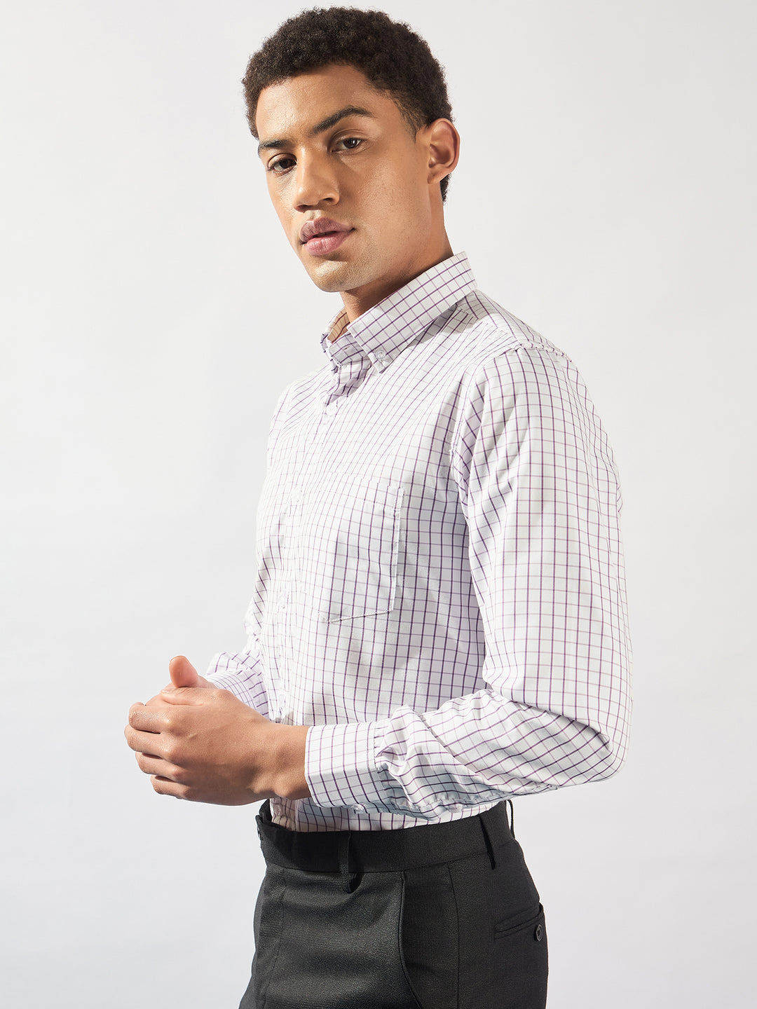 White and Purple: Micro checked Formal shirt