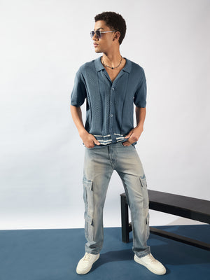 Dennison men's blue baggy cargo jeans front view