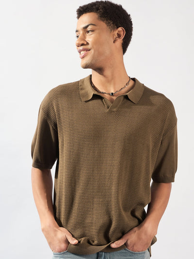 Choco Grey: Relaxed Semi Sheer Polo T-Shirt