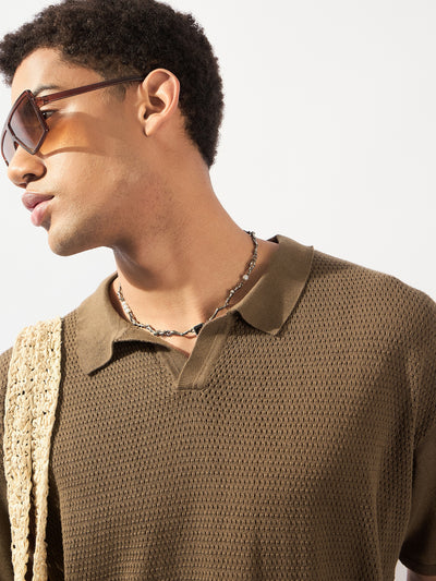 Choco Grey: Relaxed Semi Sheer Polo T-Shirt