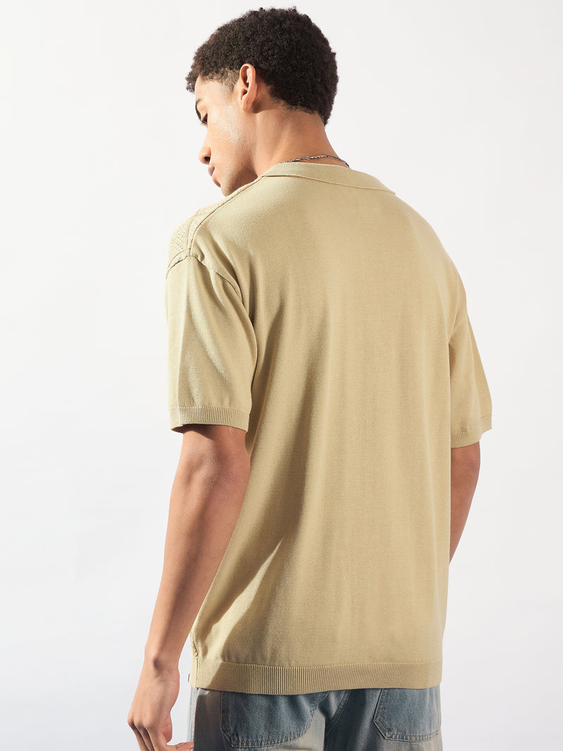 Beige: Textured Front Open Knit Shirt