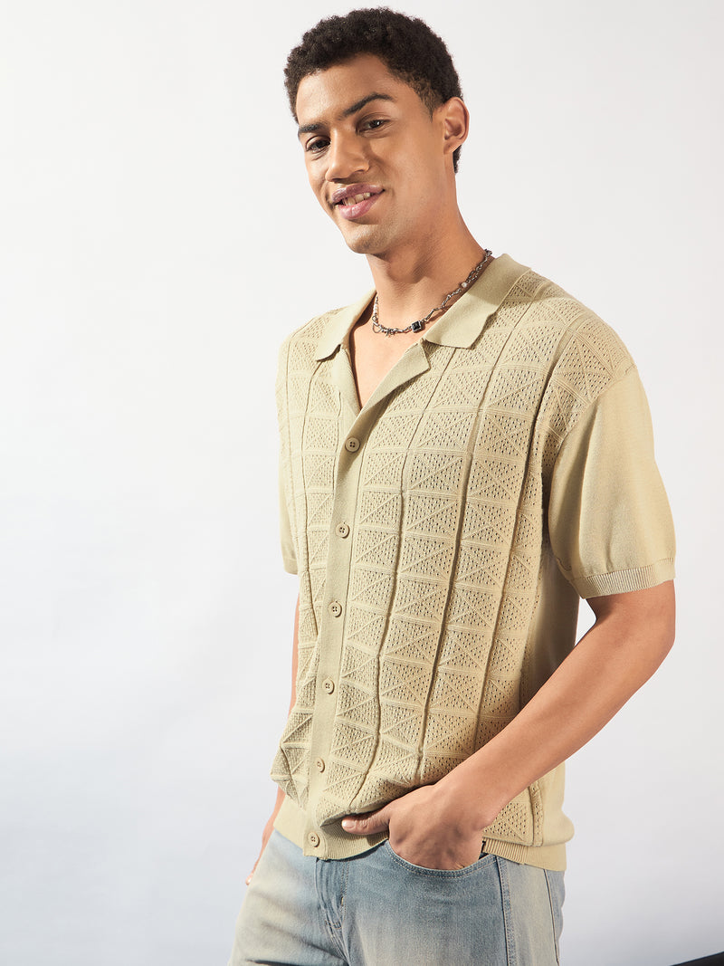 Beige: Textured Front Open Knit Shirt