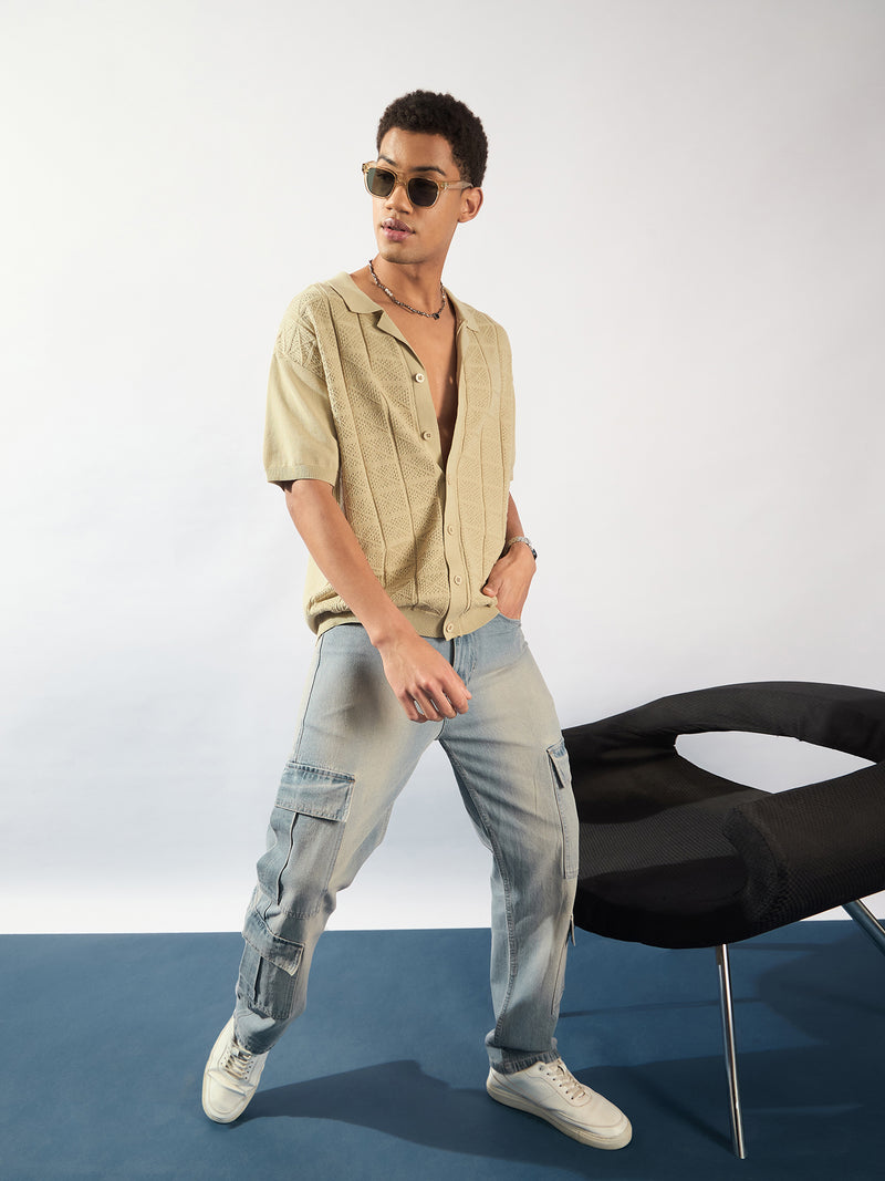 Beige: Textured Front Open Knit Shirt