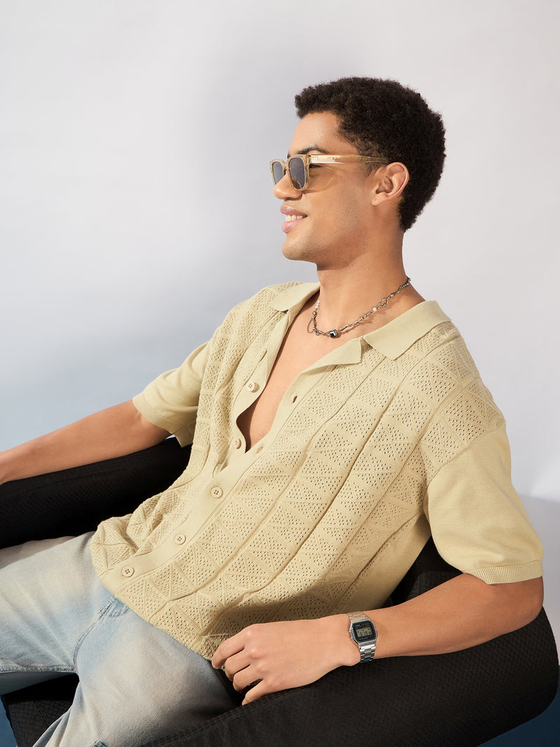 Beige: Textured Front Open Knit Shirt