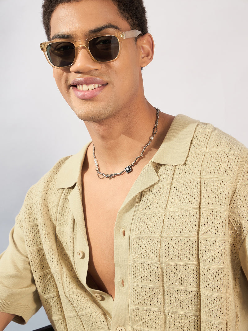Beige: Textured Front Open Knit Shirt