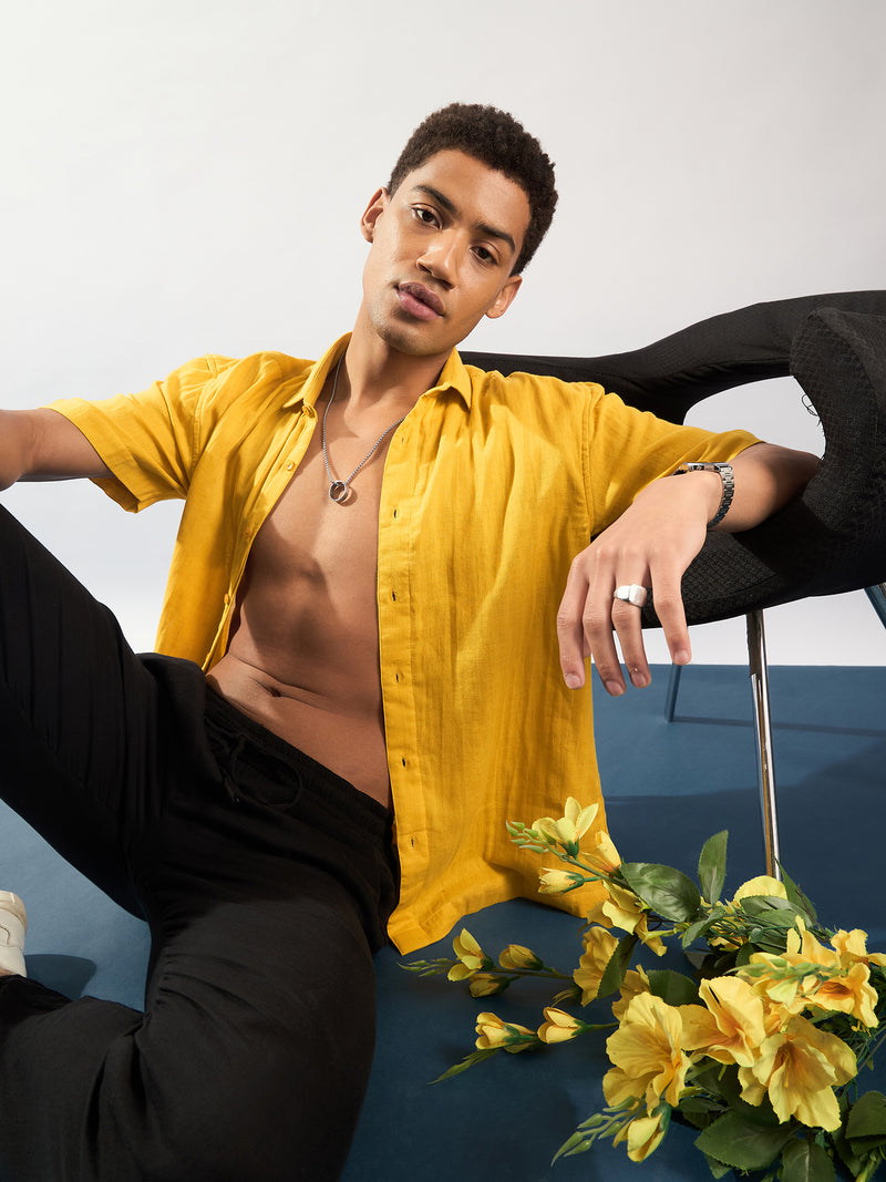 Mustard: Half Sleeves Muslin Oversized Shirt