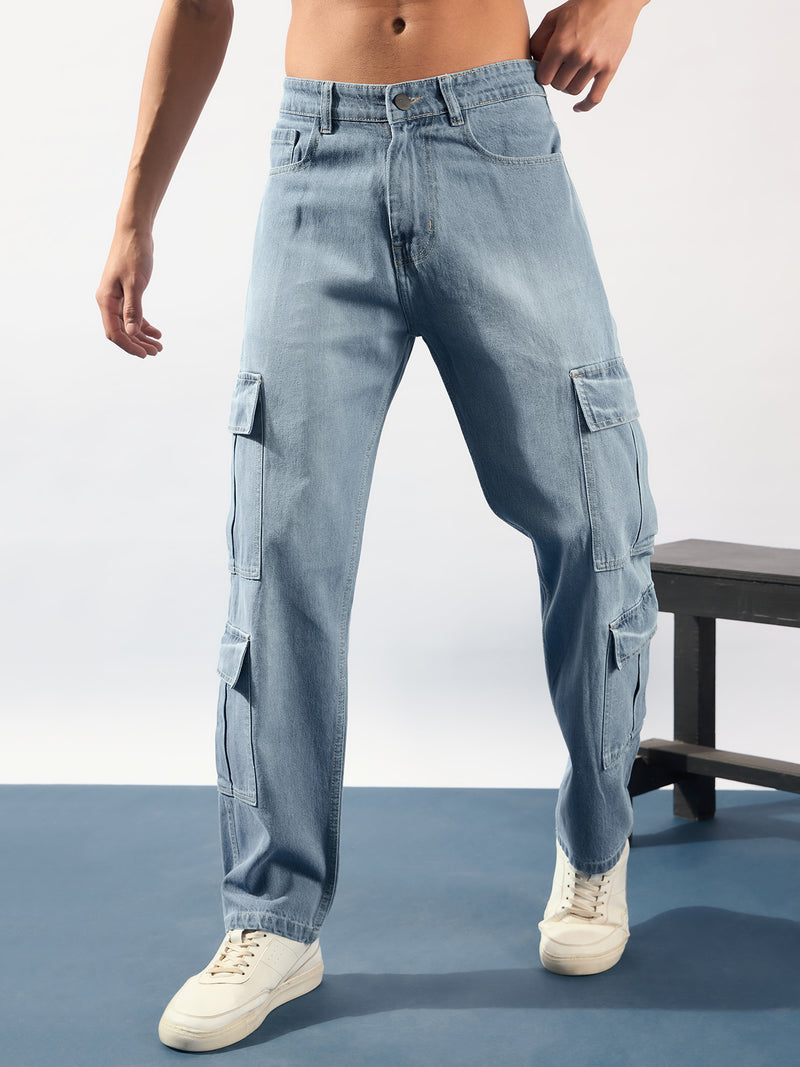 Blue: Korean Baggy Fit Cargo Jeans