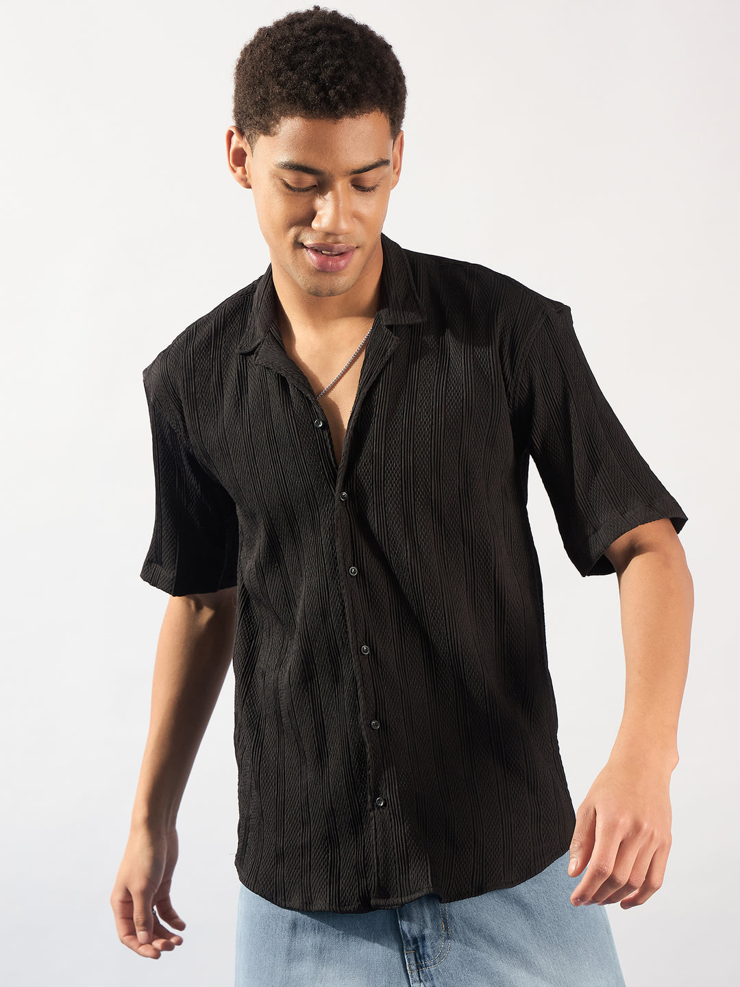 Black: Self Design Oversized Casual Shirt