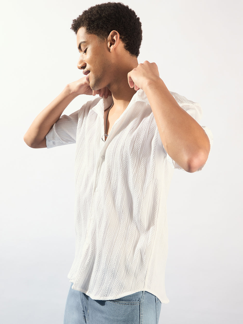 White Colored Self Design Oversized Casual Shirt