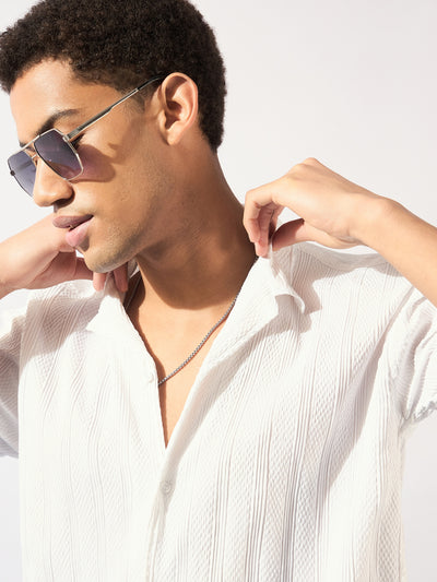 White Colored Self Design Oversized Casual Shirt