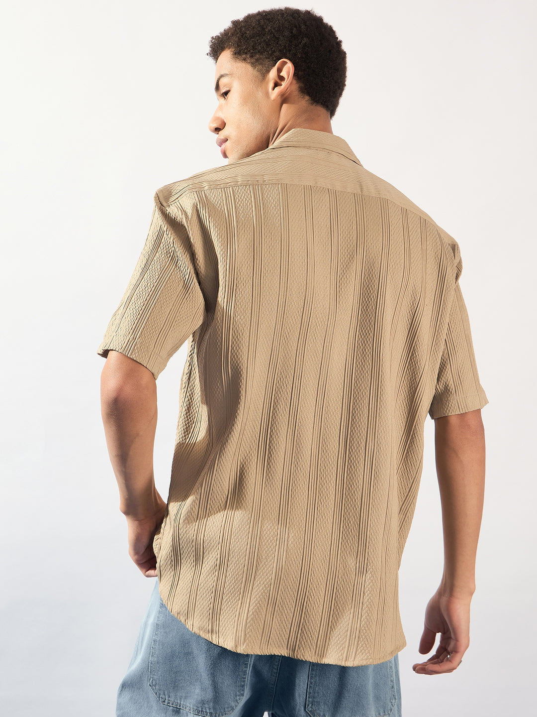 Light Brown: Self Design Oversized Casual Shirt