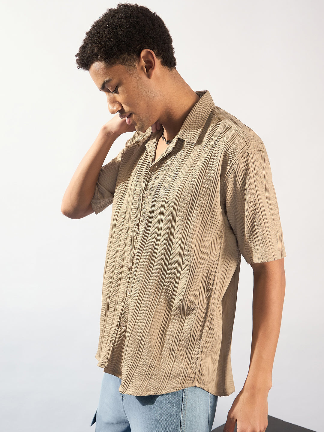 Light Brown: Self Design Oversized Casual Shirt